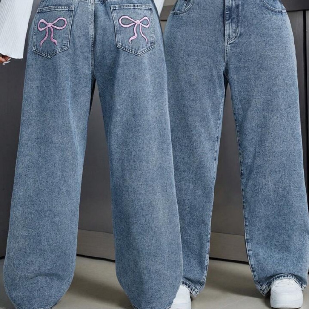 SHEIN 18 Denim Wide Leg Baggy Fit Pink Bow Back Pockets Jeans Elastic Waist